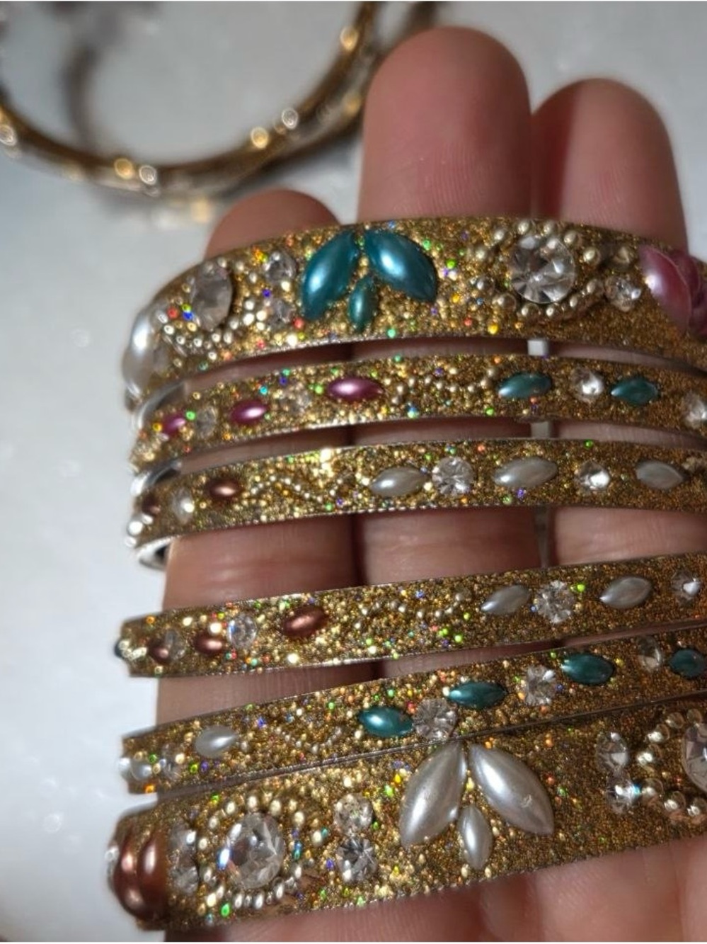 Gold Multi-Color Crystal and Pearl Stackable Bangle Set